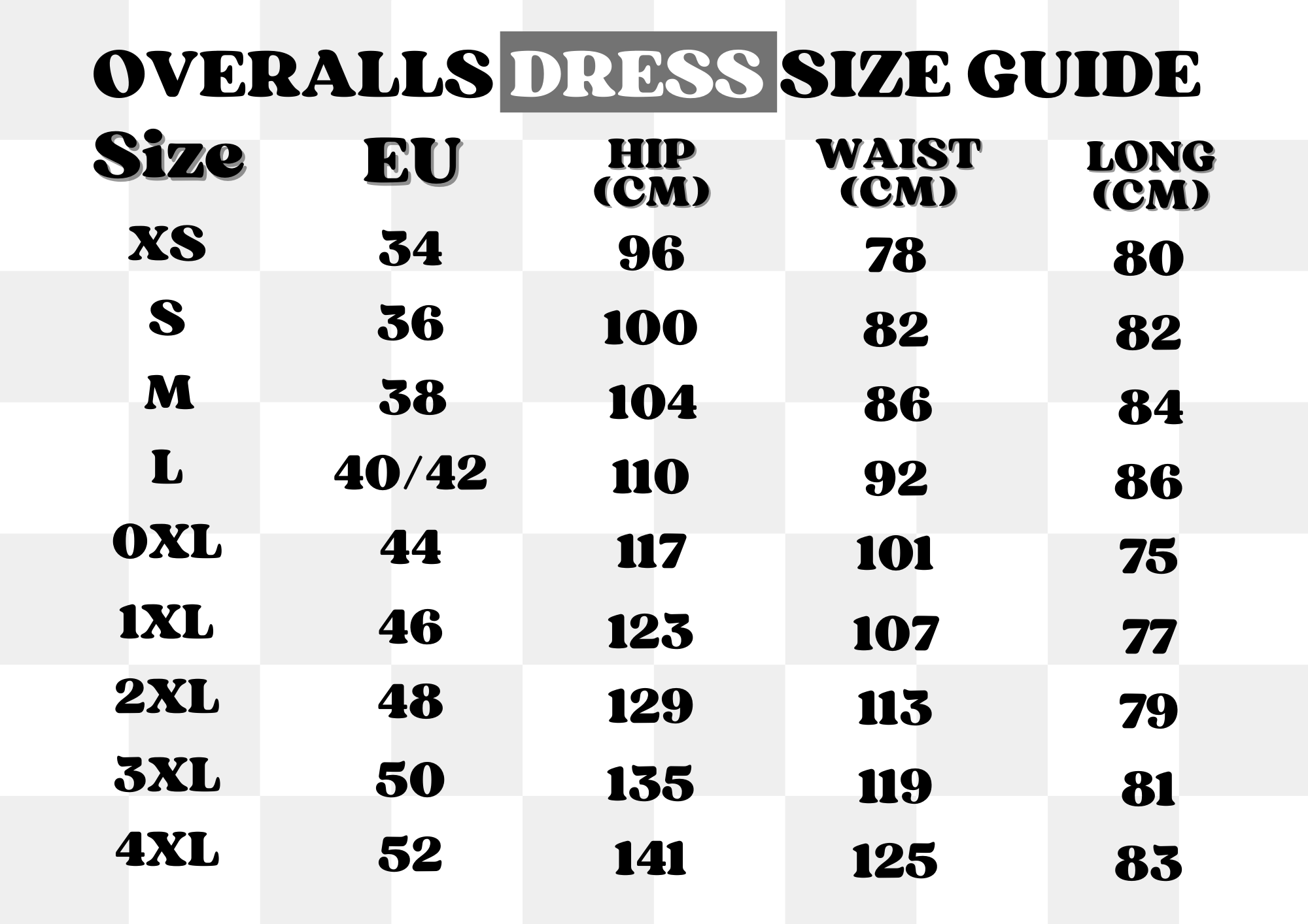 Discover the size guide for the Stardew Blue Chicken Overalls Dress by petimint, ideal for gamers. The table provides sizes ranging from XS to 4XL, EU sizes from 34 to 52, hip measurements from 96 to 141 cm, waist measurements from 78 to 125 cm, and length measurements between 80 and 83 cm. The header reads "OVERALLS DRESS SIZE GUIDE.