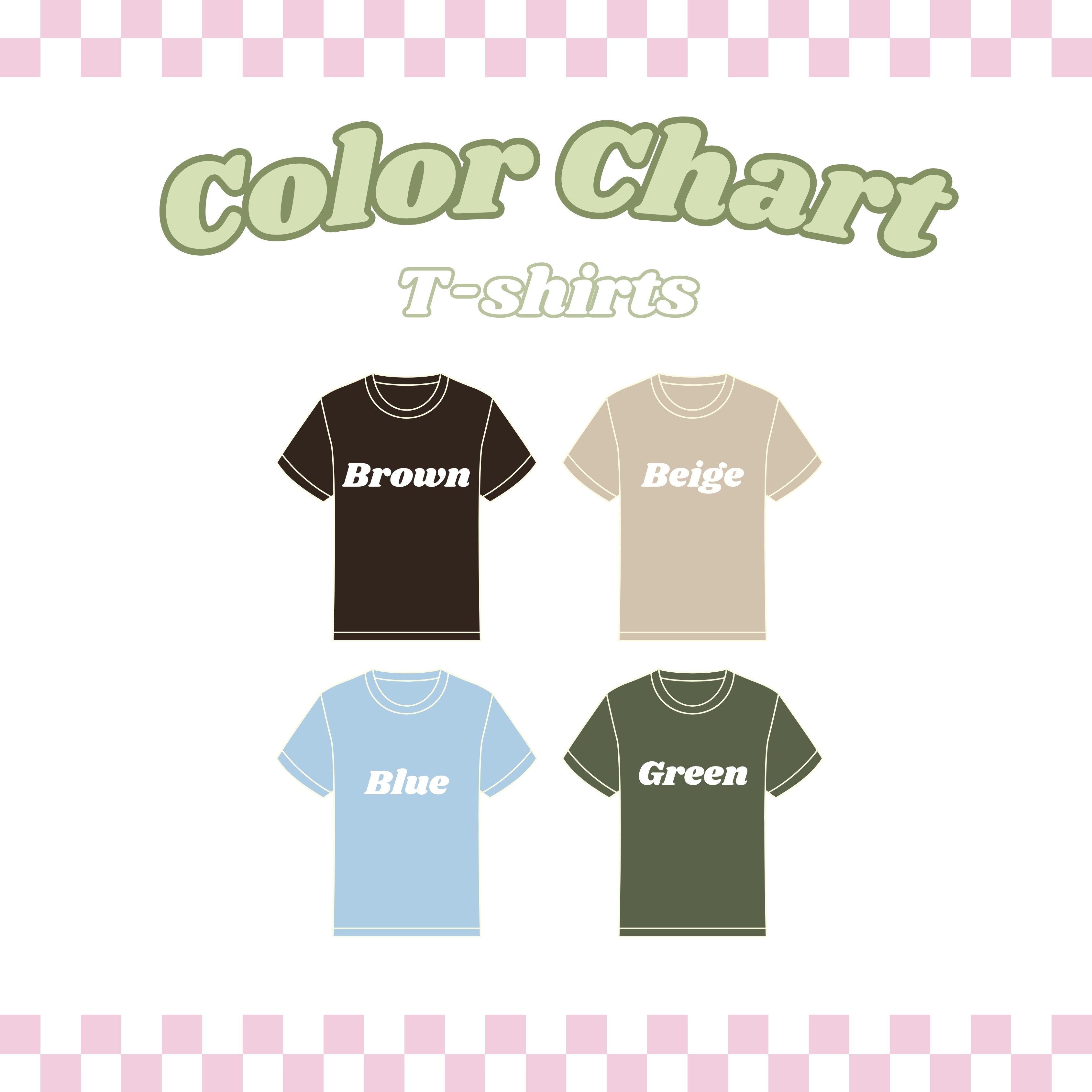 A "Color Chart" displaying four "My chickens need me" T-Shirts by petimint, labeled by color: Brown, Beige, Blue, and Green. The Brown T-shirt is in the top left, Beige top right, Blue bottom left, and Green bottom right. The background features pink and white checkered borders on the top and bottom—perfect for any gamer’s wardrobe or a Stardew Valley enthusiast!