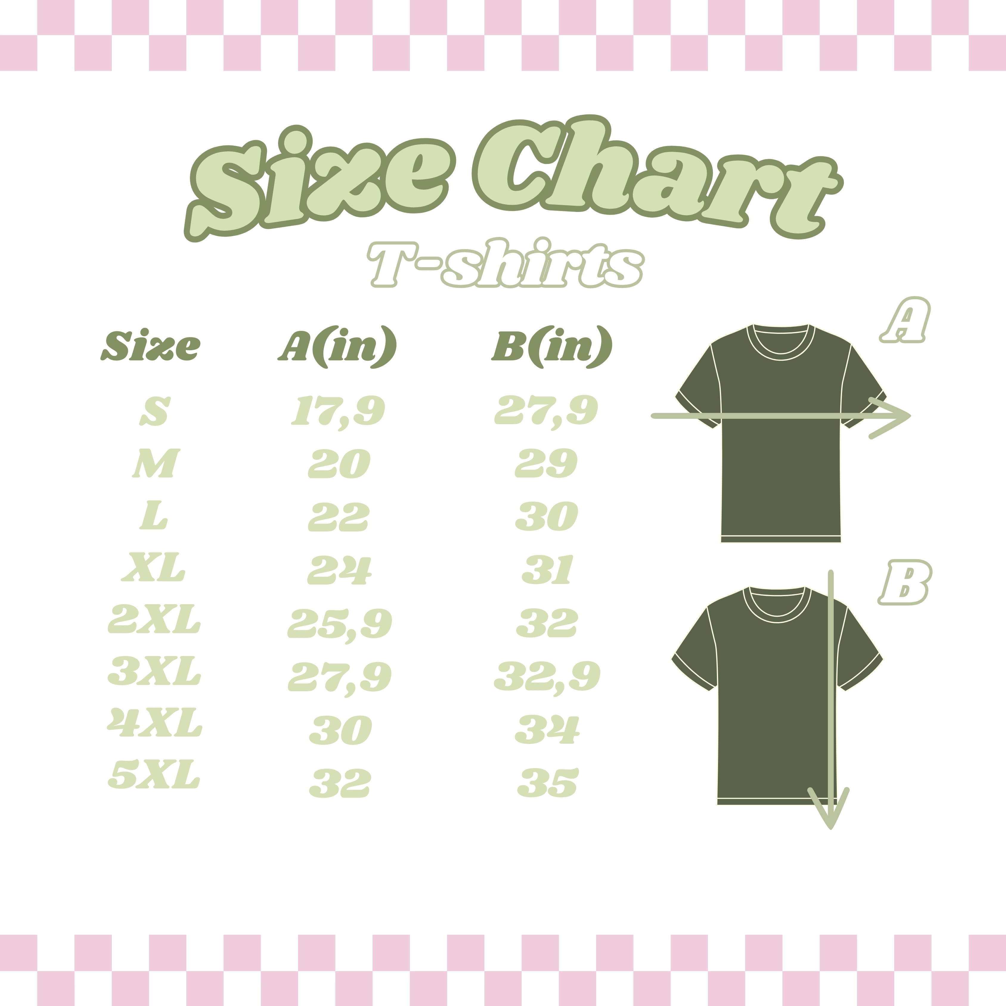 Here is the size chart for the "My Chickens Need Me" T-Shirt by Petimint, with measurements available for sizes S to 5XL. The size columns are labeled as S, M, L, XL, 2XL, 3XL, 4XL, and 5XL. The measurement columns display A (in inches): ranging from 17.9 to 32 and B (in inches): from 27.9 to 35. Illustrations are included for reference.