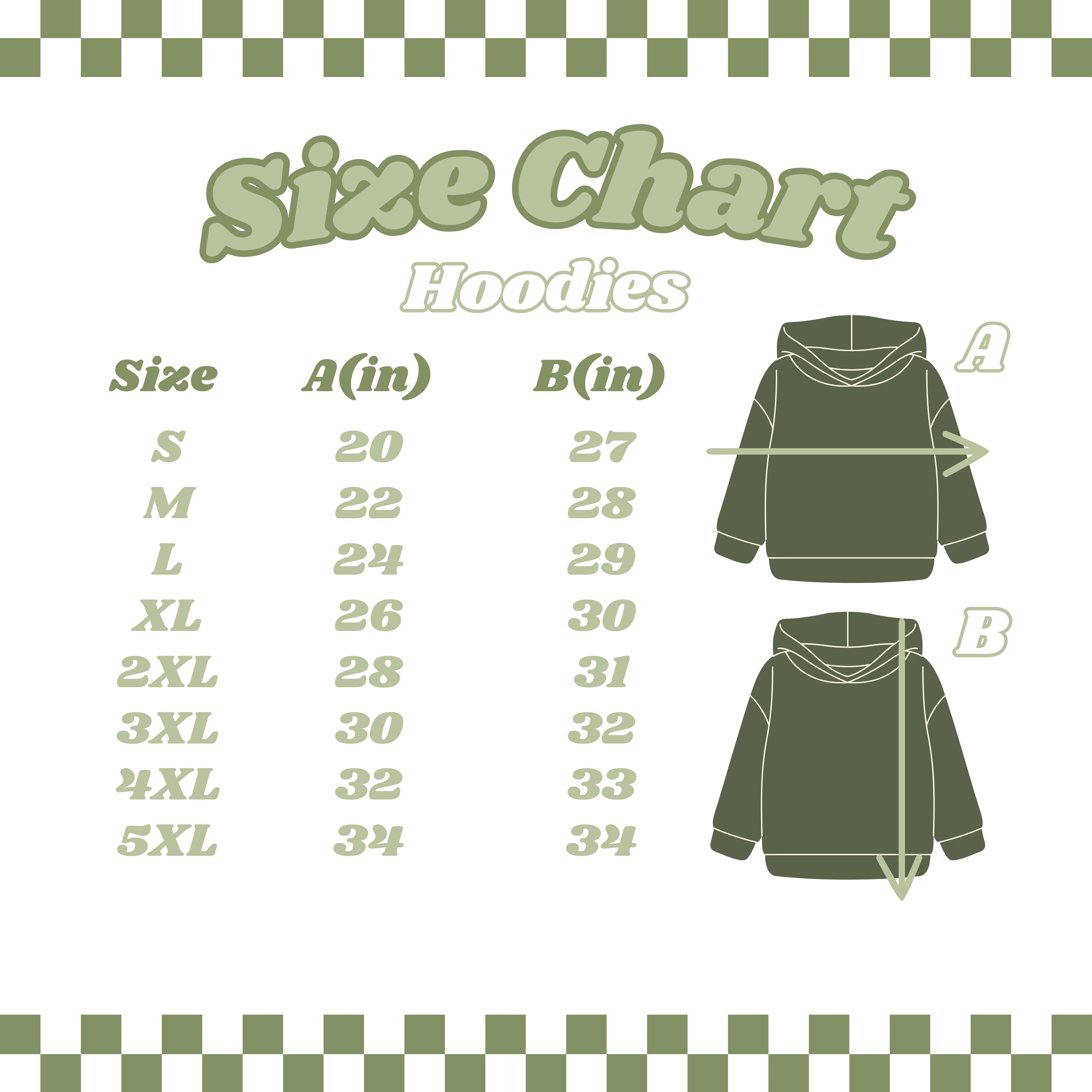 Junimos Hoodie size chart in green text with a checkered border. Sizes range from S to 5XL, showing measurements for 