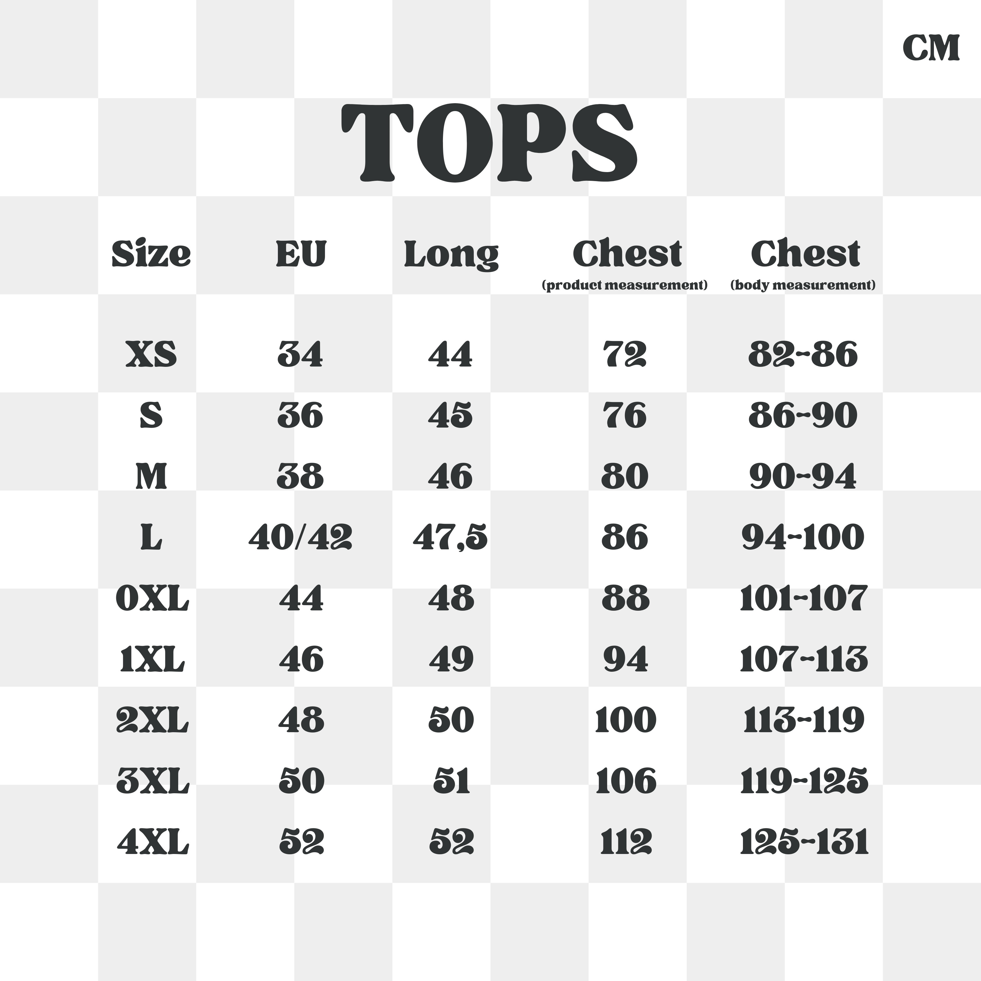 The Cottage Tops Cozy Gamer Apparel by petimint features a detailed size chart in centimeters, perfect for cozy gamers. The chart spans sizes XS to 4XL, providing corresponding EU sizes, long measurements, and chest measurements for both product and body. Presented on a light checkered background, this user-friendly apparel guide ensures an easy fit.