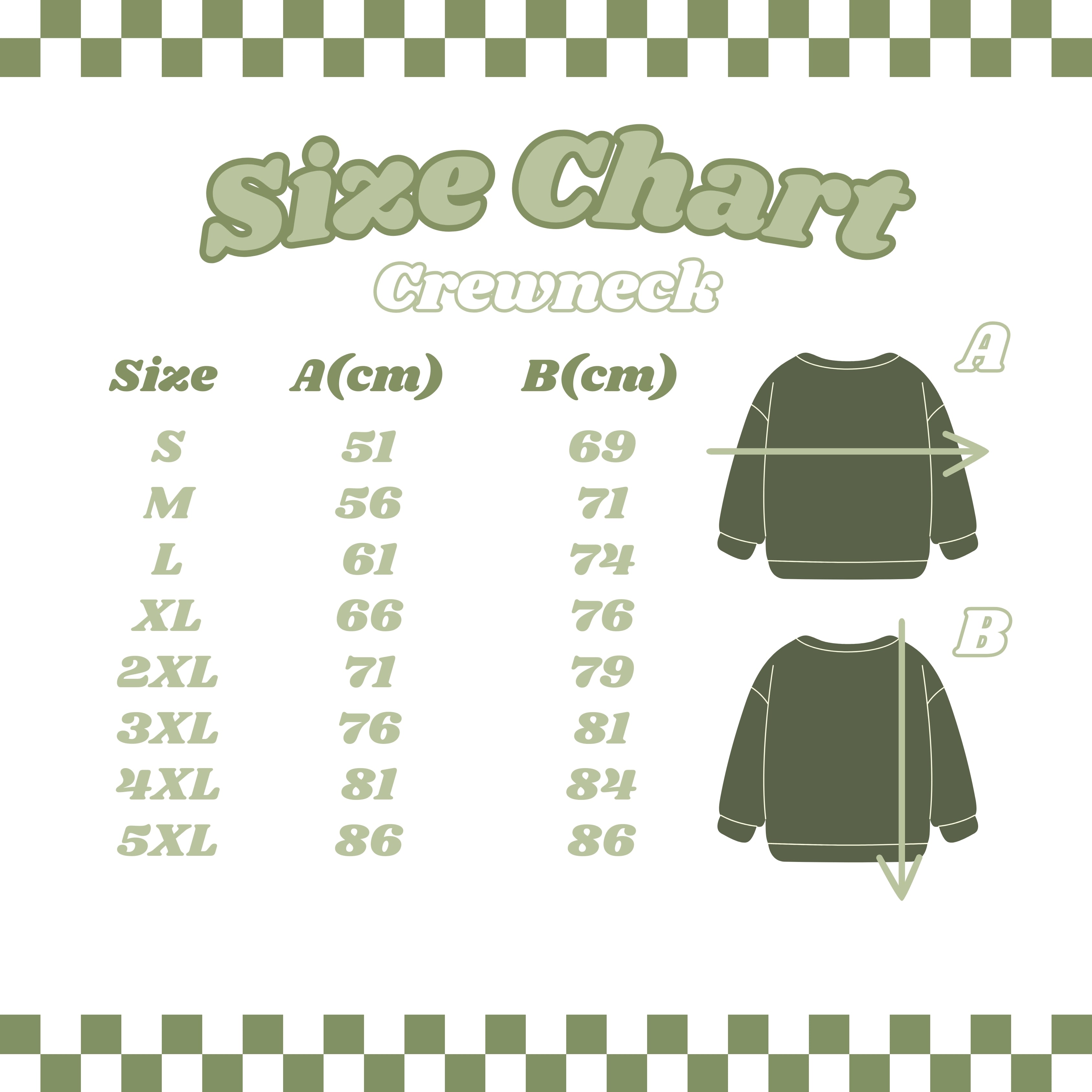 The size chart for the Pumpkins Farm Fresh Crewneck Halloween Apparel by petimint is displayed. It showcases sizes ranging from S to 5XL, with measurements in centimeters for areas A (chest width) and B (length). The sizes and measurements are presented in a green and white checkerboard design, making it ideal for cozy gamer apparel enthusiasts.