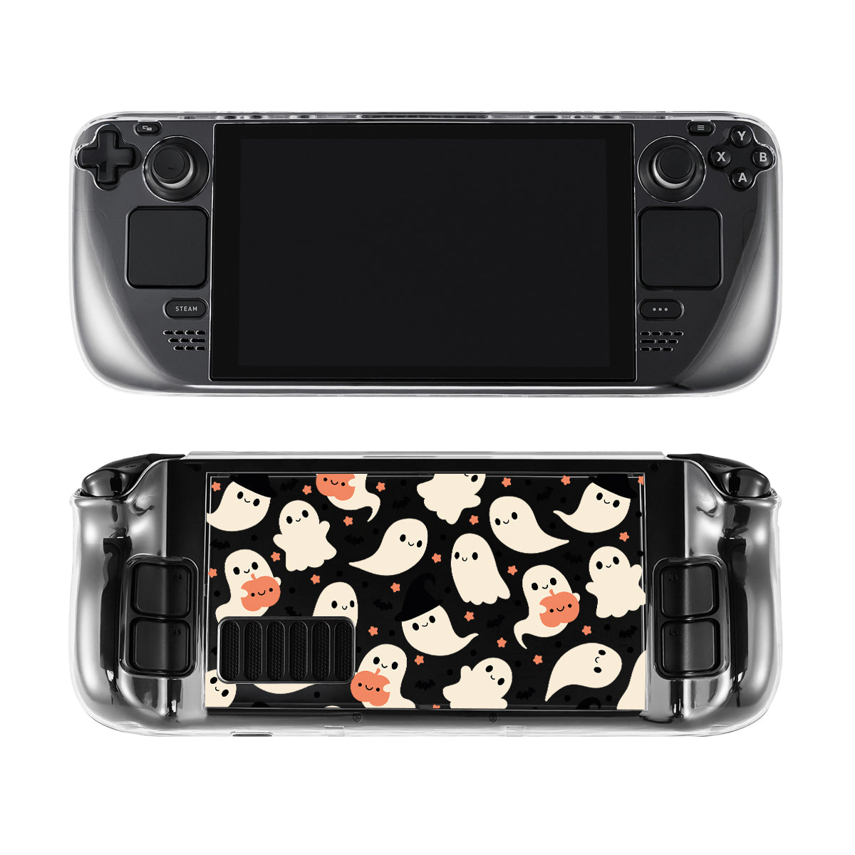 Introducing the Spooky Ghost Steam Deck Case by petimint, designed for handheld gaming consoles. This clear case features a pattern of cute, stylized white ghosts with orange accents on a black background. Perfect for any Nintendo Switch enthusiast, it seamlessly combines gaming functionality with unique visual flair.