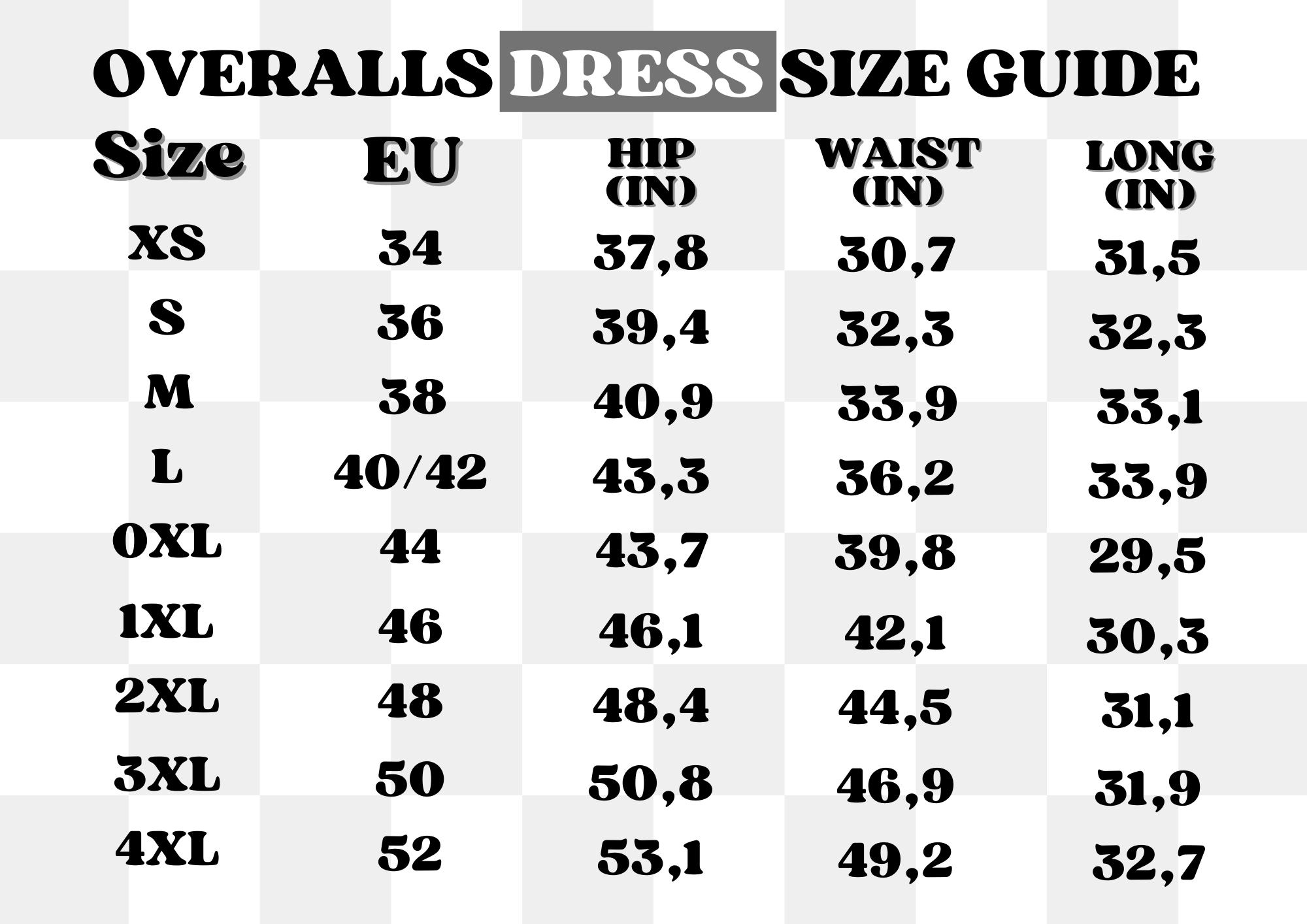 A size guide for the petimint Stardew Blue Chicken Overalls Dress displays corresponding sizes in EU, hip (inches), waist (inches), and long (inches). Sizes range from XS to 4XL with specific measurements listed for each size, ideal for a cozygamer seeking comfy attire while enjoying their Nintendo Switch sessions.