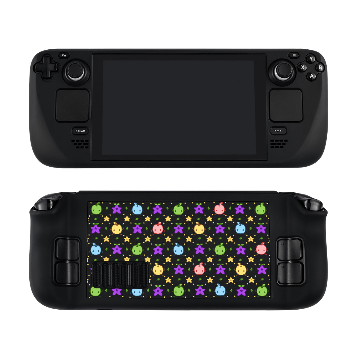 A Junimos Steam Deck Case by petimint shown from the front and back. The front features a screen surrounded by controls, while the back is decorated with a colorful pattern of cute, smiling stars and various small, round creatures in pink, green, blue, and purple—perfect for any cozygamer.