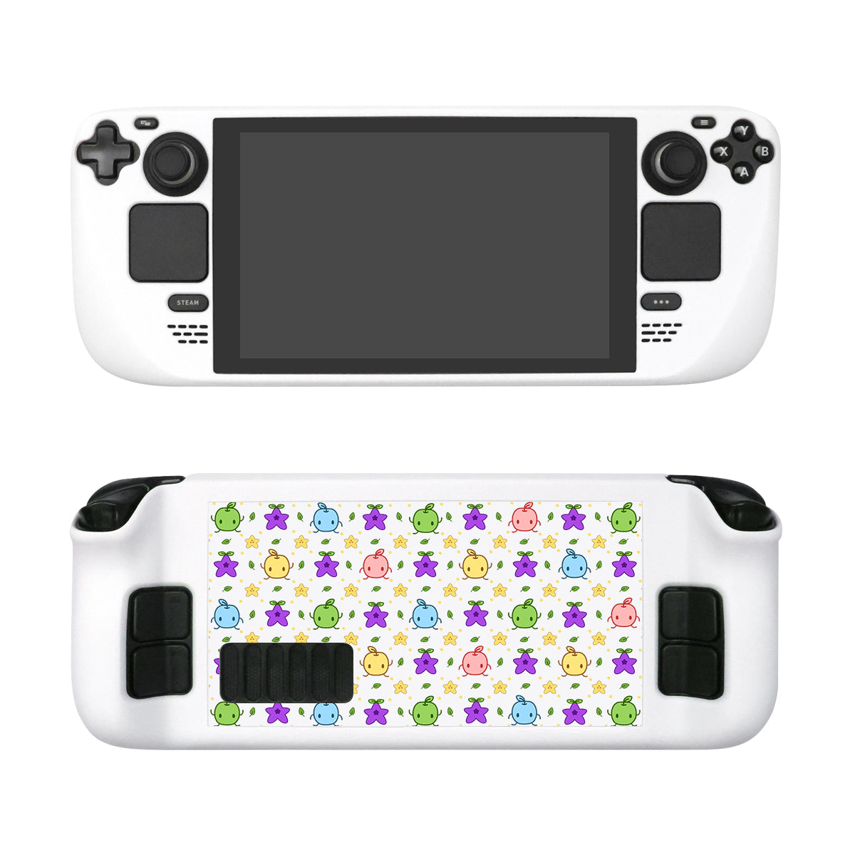 A Junimos Steam Deck Case by petimint in white with a blank screen. The front features control buttons, joysticks, and a D-pad. The back is decorated with a colorful pattern of small, cute creatures in various poses, predominantly in green, blue, pink, and purple—perfect for any avid gamer who loves their gaming devices.