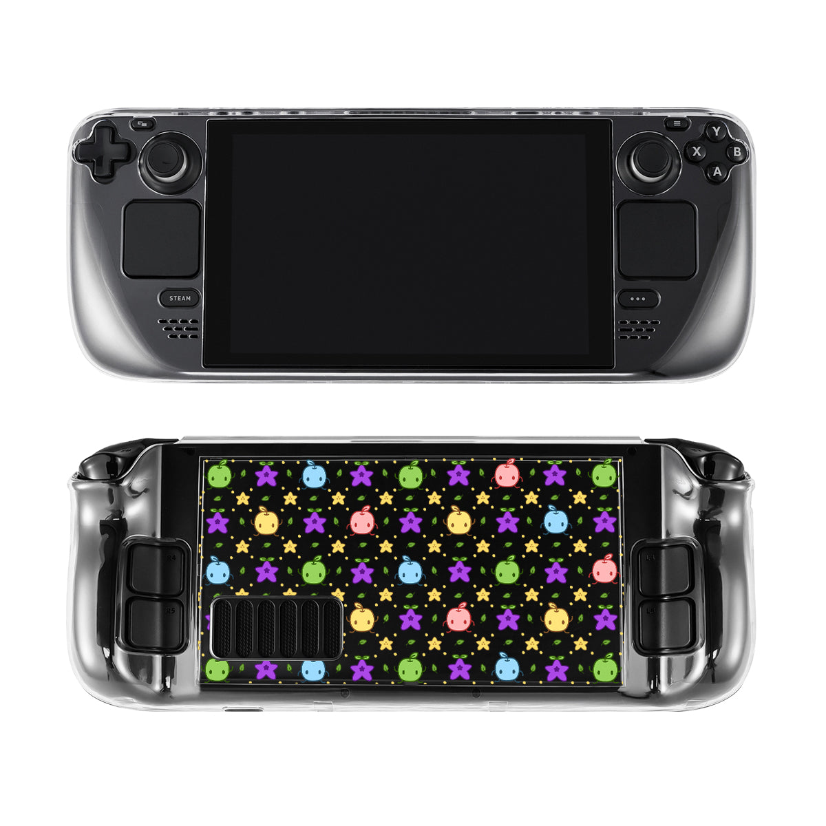 The Junimos Steam Deck Case by petimint is a handheld gaming device accessory that features a large screen and various control buttons. The back of the case is decorated with a cozy gamer-friendly pattern of small stars and alien-like figures in different bright colors against a black background. The case itself is clear, allowing the vibrant design to stand out on your gaming device.