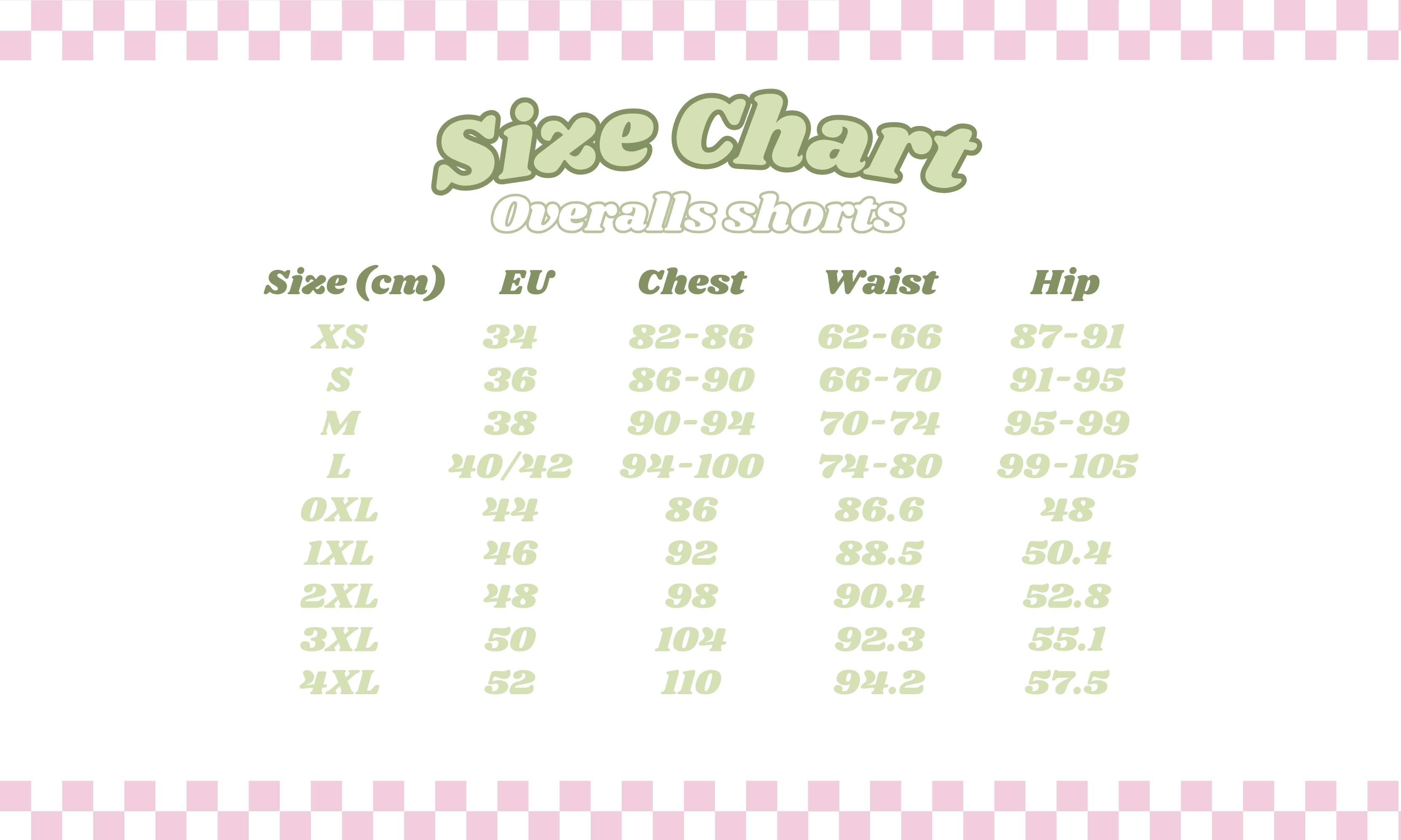 A size chart for Stardew Chicken Floral Overalls Shorts by petimint, set against a pink checkered border, perfect for the cozy gamer. Sizes XS to 5XL are listed, with corresponding measurements in cm for the EU size, chest, waist, and hip. The chart text is in light green and white, featuring a decorative style.