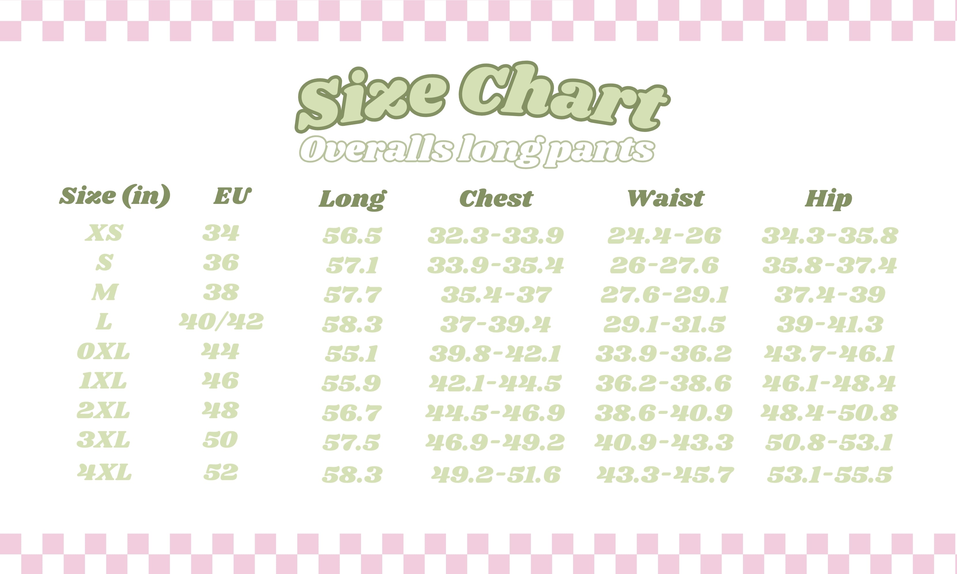 The size chart for the petimint Stardew Chicken Floral Overalls Long Pants features sizes ranging from XS, S, M, L, OXL, 1XL, 2XL, 3XL to 4XL. Each size includes corresponding EU sizes and measurements in centimeters for Long, Chest, Waist, and Hip. The cozygamer's choice boasts a pink and white checkered border inspired by the aesthetics of Stardew Valley.