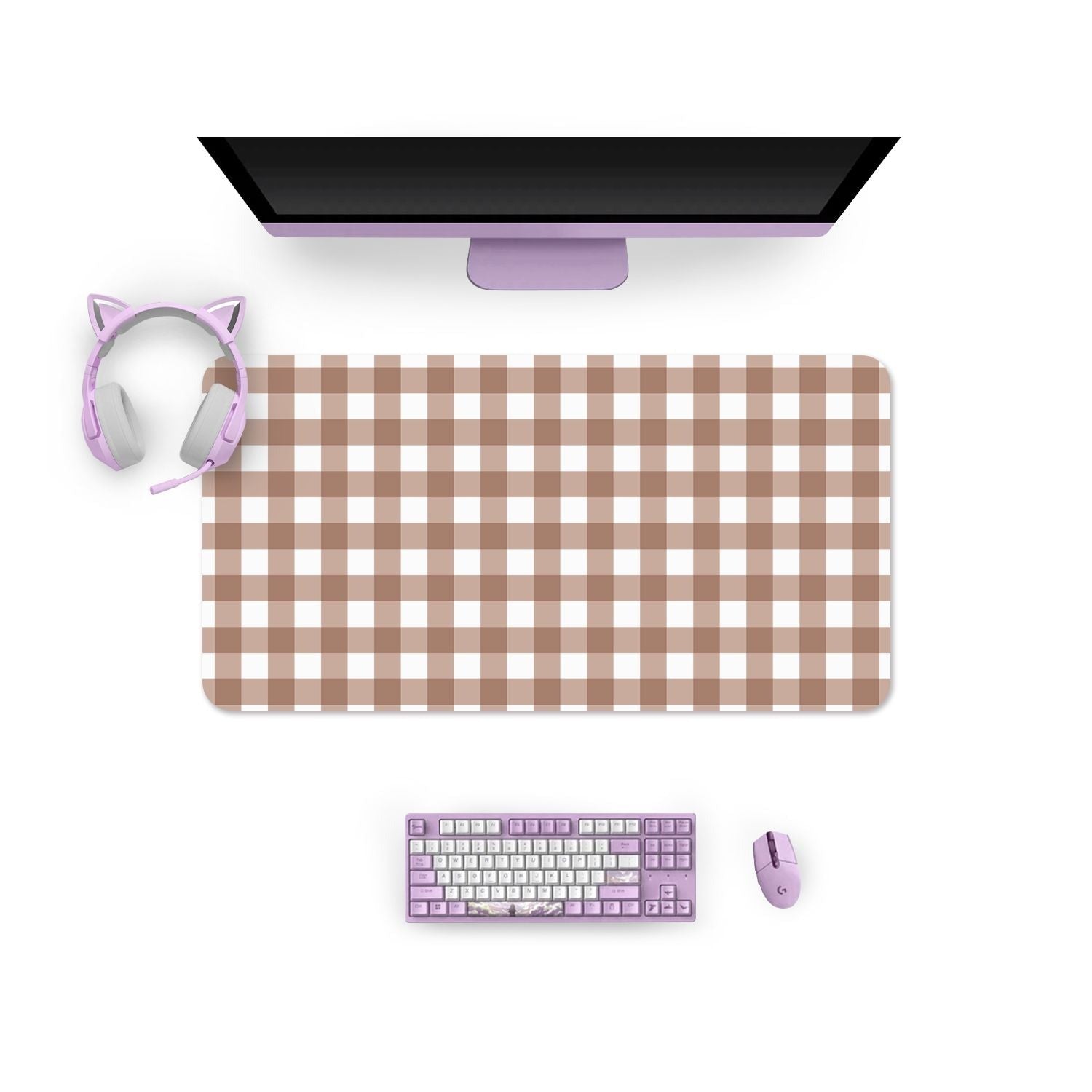 Top-down view of a computer desk setup including a monitor, cat-ear headphones, a checkered Picnic Mouse Pad in brown and white from petimint, a purple and white mechanical keyboard, a purple mouse, and a Nintendo Switch. All items are neatly arranged on a white surface for the ultimate cozy gamer experience.