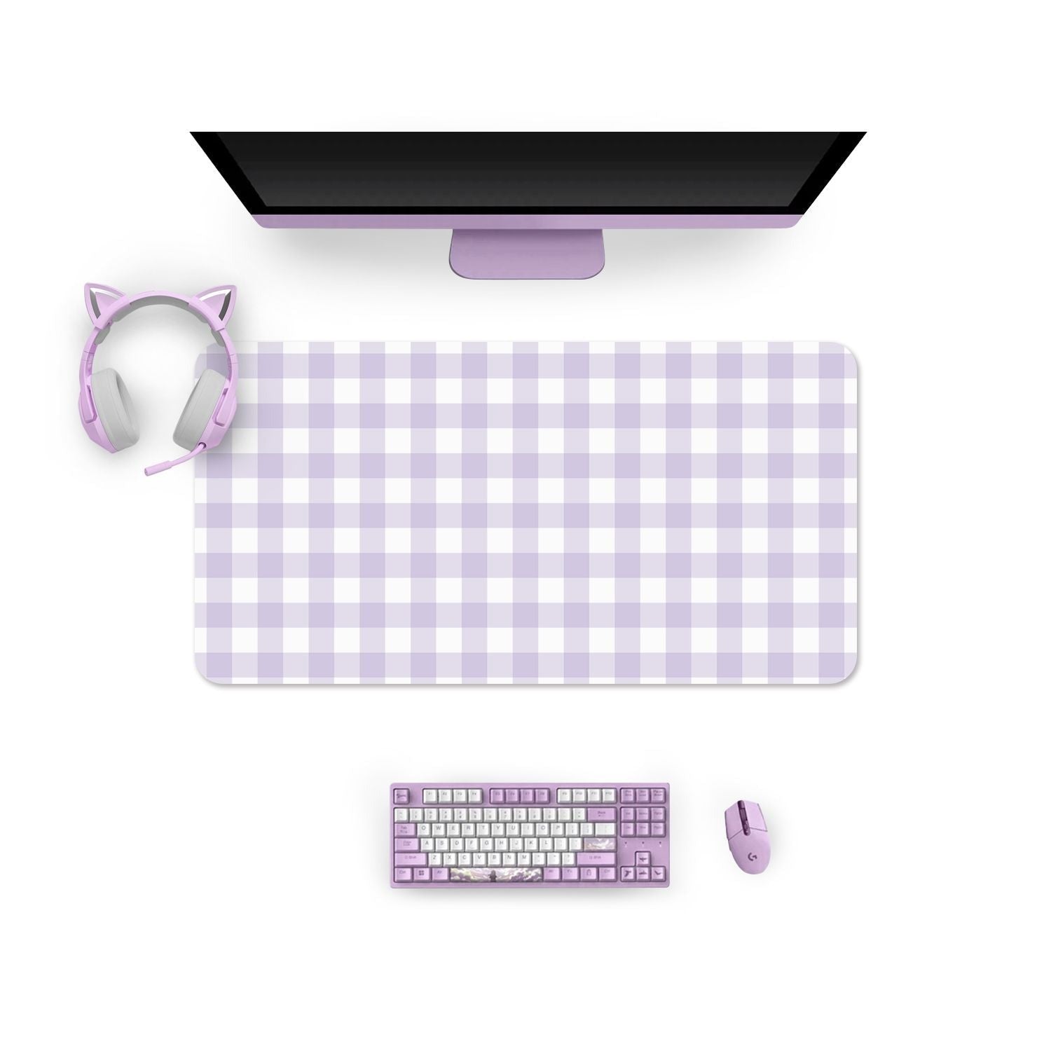 A gamer's computer setup featuring a monitor, a lilac and white checkered Picnic Mouse Pads Pc Gaming Accessories by petimint, a purple keyboard, a matching purple mouse, and purple cat-ear headphones sitting atop the mouse pad.