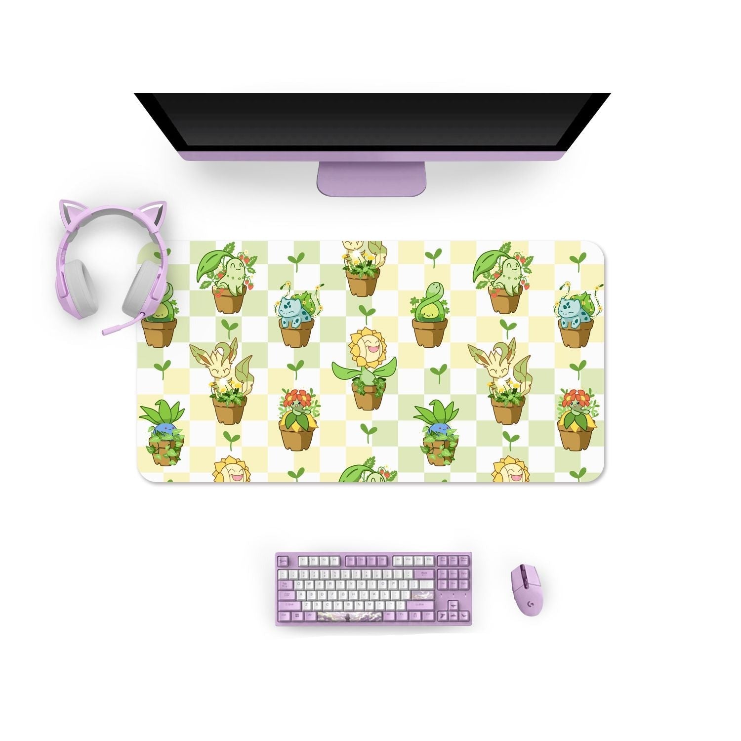 A cozygamer setup featuring a black monitor, lavender keyboard, pink mouse, and lavender cat ear headphones. The desk mat is the "Pokepots Mouse Pads Pc Gaming Accessories" by petimint, showcasing a checkered print with various illustrations of cute animals and potted plants against a white background.