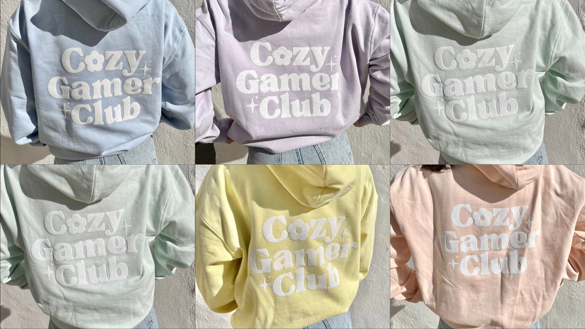 A collage of six pastel-colored hoodies, emblazoned with "Cozy Gamer Club" on the back, perfect for your next Nintendo Switch session. The colors are light blue, lavender, mint green, sage green, yellow, and peach. All hoodies are showcased from the back, each worn by an individual.