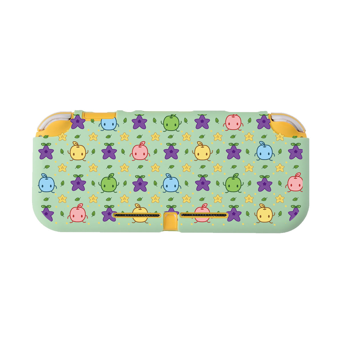 A mint green Junimos LITE Case for Nintendo Switch by petimint, featuring a rectangular shape with rounded edges adorned in a vibrant pattern of small, smiling cartoon fish, purple starfish, and yellow stars. The case is perfect for the cozygamer and includes a yellow latch at the bottom center.