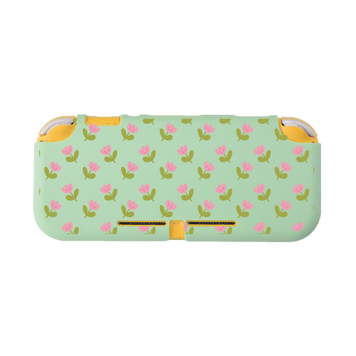 The Pink Tulips LITE Case for Nintendo Switch by petimint is a light green protective case adorned with a pattern of small pink flowers and green leaves. Designed for the cozy gamer, it features yellow accents on the top corners and multiple openings for device controls.