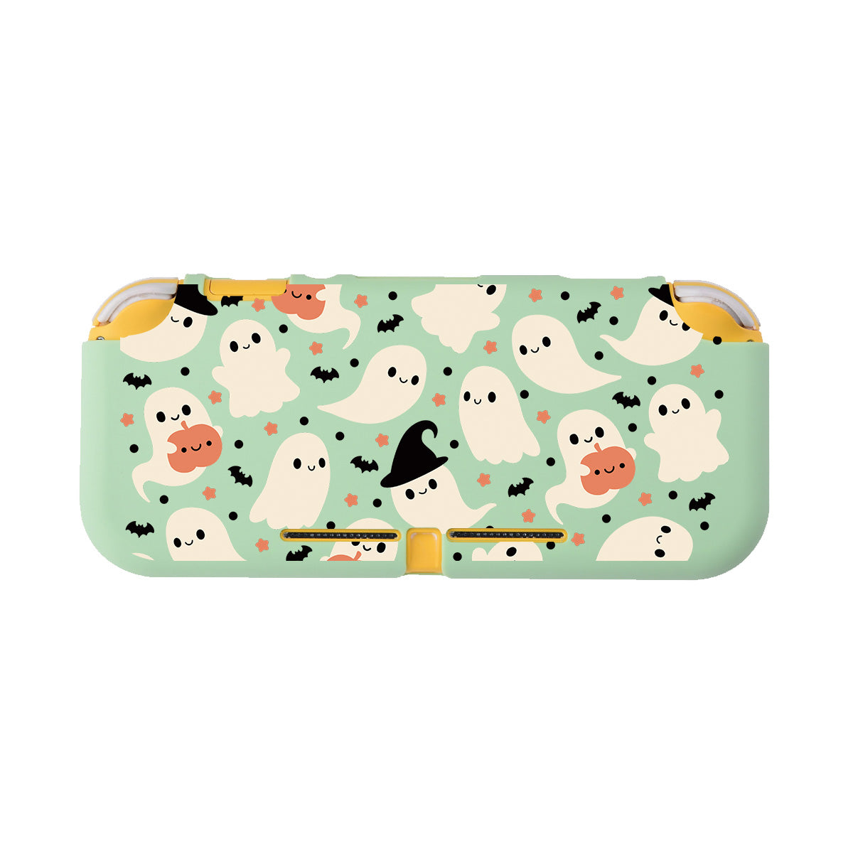 The Spooky Ghost LITE Case for Nintendo Switch by petimint features a charming Halloween-themed design perfect for the cozygamer. This green case is adorned with adorable, whimsical ghosts accessorized with witch hats and holding pumpkins. The background also includes small black bats and stars to add an extra playful touch.