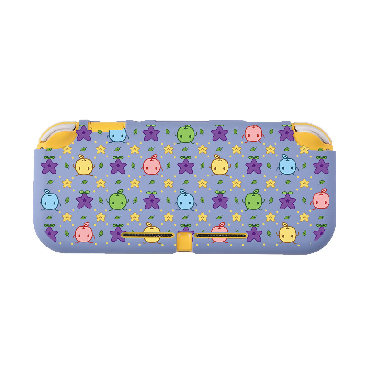 A rectangular, grey handheld game console case for the Nintendo Switch called the Junimos LITE Case by petimint, showcasing a colorful pattern of cheerful fruit characters with small leaves atop in various colors including green, blue, pink, and yellow, along with purple and yellow stars.