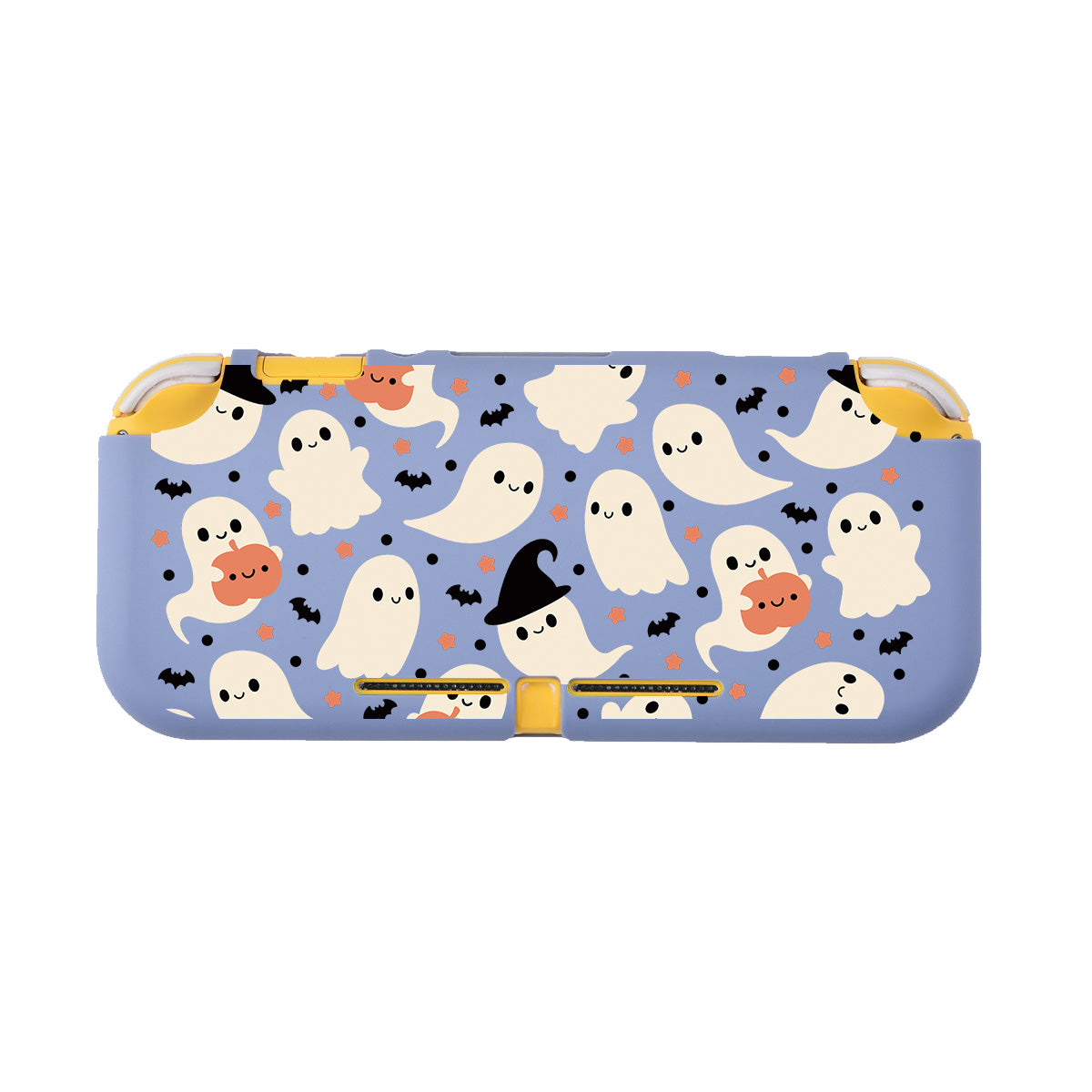 The Spooky Ghost LITE Case for Nintendo Switch by petimint is a grey protective cover featuring cute white ghosts, some wearing witch hats, along with scattered black bats, orange stars, and pumpkins. The overall design has a playful Halloween theme that's perfect for the cozygamer.