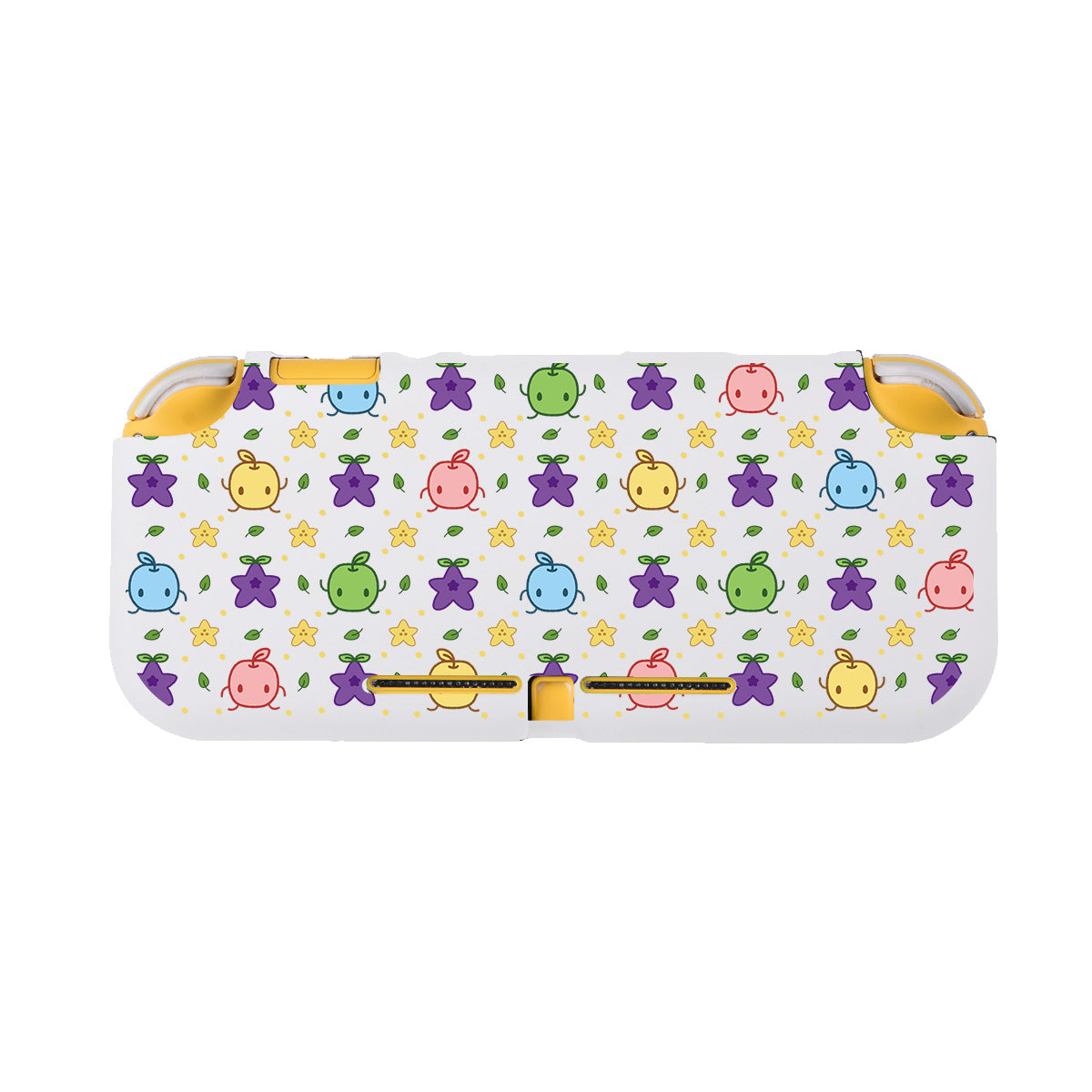 The Junimos LITE Case for Nintendo Switch by petimint is a rectangular white case adorned with colorful cartoon characters, including stars, bears, and other delightful creatures in vibrant shades of pink, green, blue, yellow, and purple. Ideal for the cozygamer lifestyle, it features yellow accents around the edges and latch of the case.