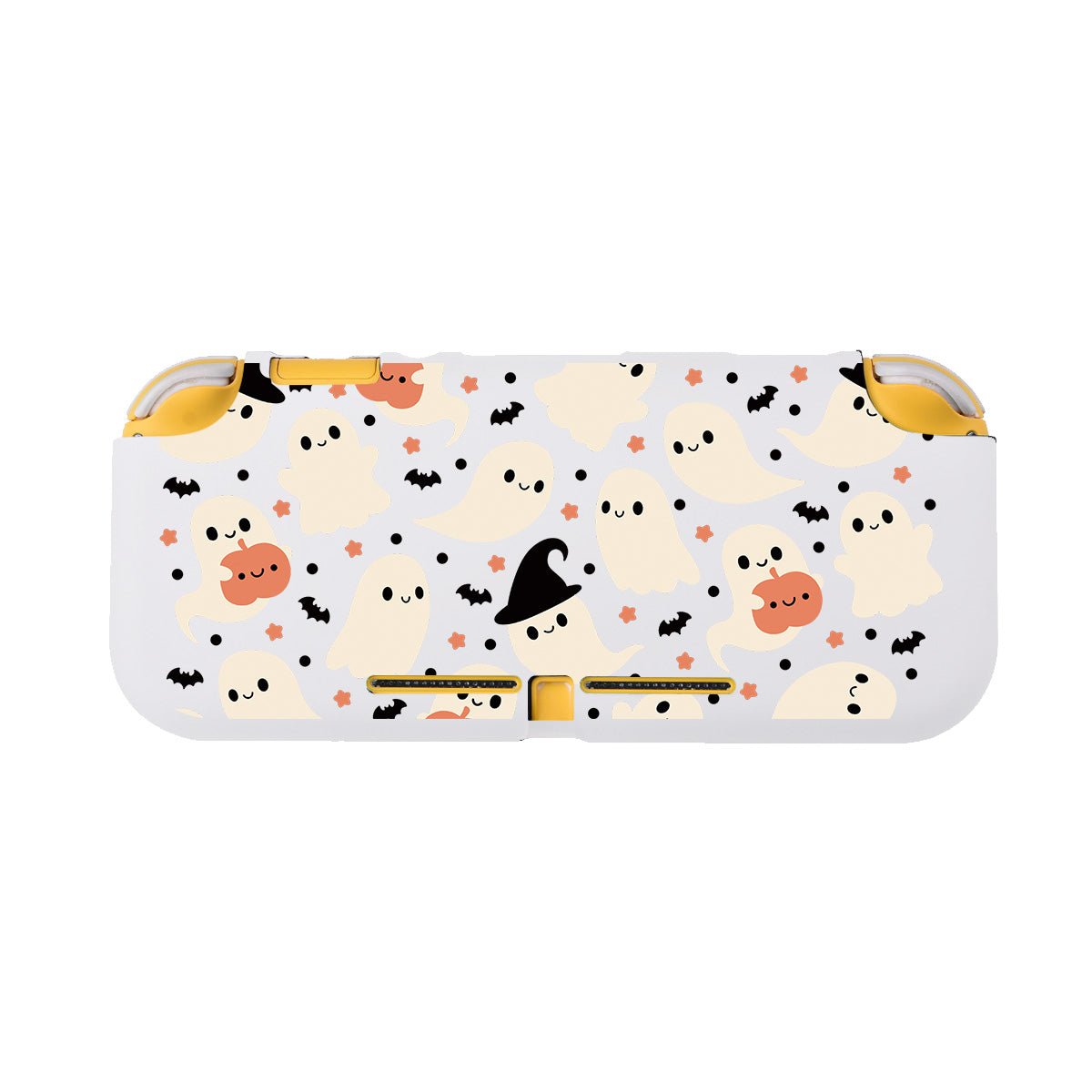 Introducing the Spooky Ghost LITE Case for Nintendo Switch by petimint—a whimsical Halloween-themed game console case featuring cute ghosts, bats, pumpkins, and stars. Ideal for any cozy gamer, some of the adorable ghosts are wearing witch hats. The overall design is light and cheerful with delightful accents of orange and black on a white background.