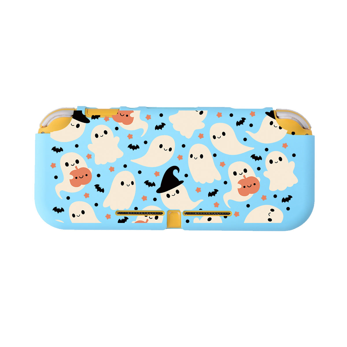 The Spooky Ghost LITE Case for Nintendo Switch by Petimint is a blue, rectangular case adorned with a playful Halloween-themed pattern. It features cartoon ghosts, some wearing witch hats, scattered among small black bats and orange stars. Perfect for gamers, this case has rounded corners and a central opening at the bottom.