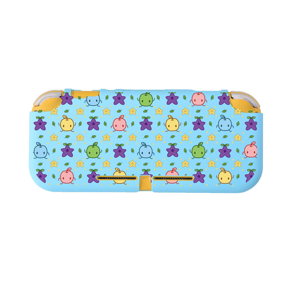 The Junimos LITE Case for Nintendo Switch by petimint showcases a vibrant blue design adorned with adorable, colorful characters. The pattern features cheerful green, pink, and blue creatures, yellow stars, purple star-like shapes, and various other small decorative elements, making it the perfect playful accessory for any young gamer.