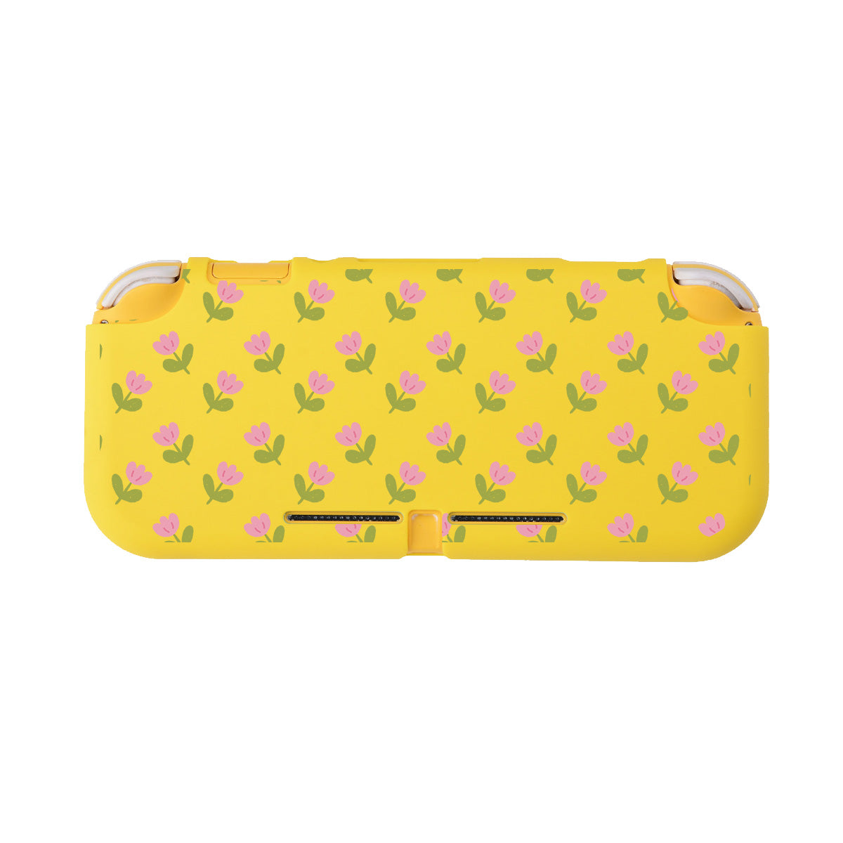 Introducing the petimint Pink Tulips LITE Case for Nintendo Switch, a yellow handheld device case adorned with an evenly spaced pattern of small pink tulips and green leaves. The top of the case features white indents to accommodate the device's buttons or controls.