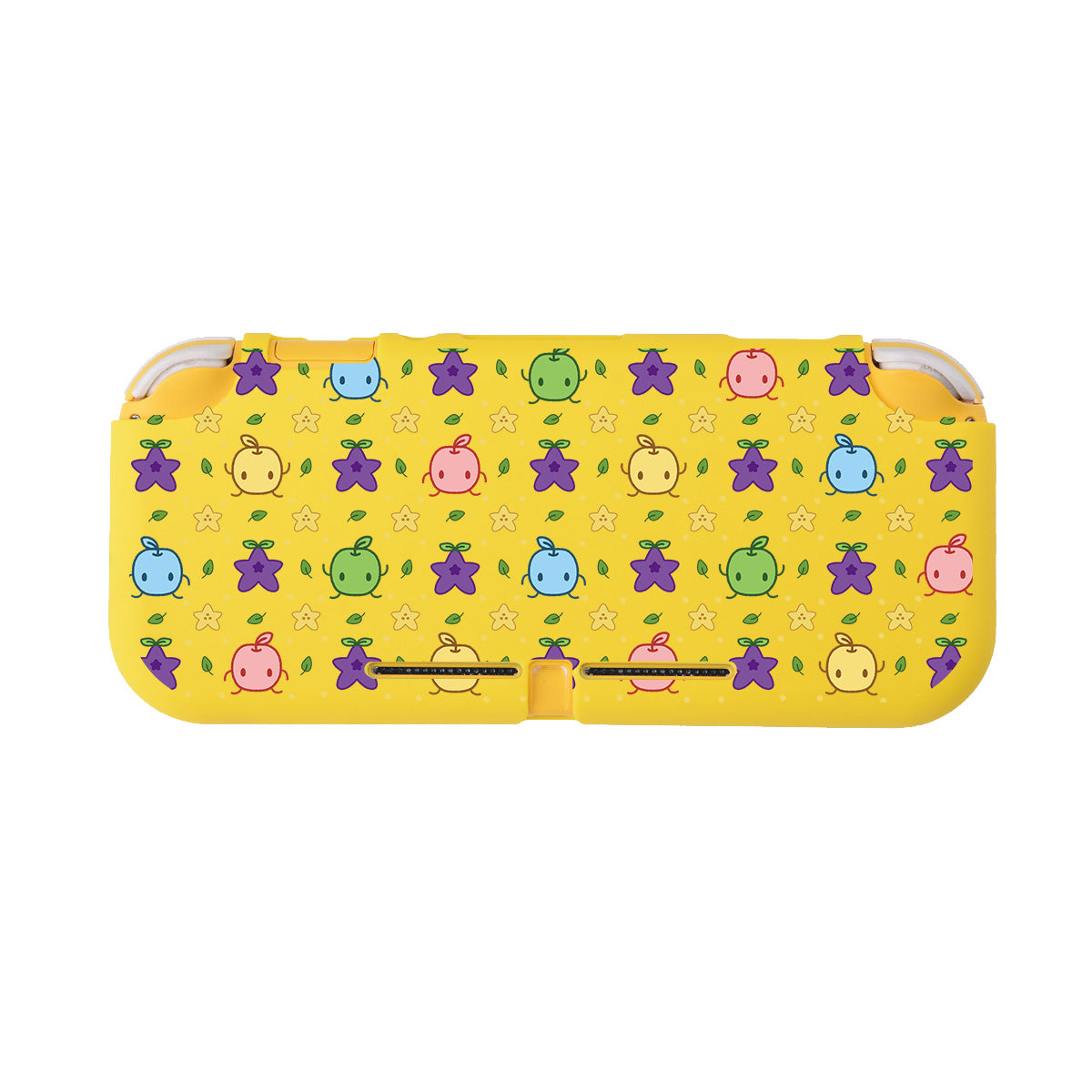 Introducing the Junimos LITE Case for Nintendo Switch from petimint—a delightful yellow case adorned with a vibrant array of playful character designs in blue, pink, green, and yellow. The charming characters are interspersed with star shapes and purple flower motifs, creating a cheerful and whimsical appearance that makes it an ideal addition to any cozygamer's collection.