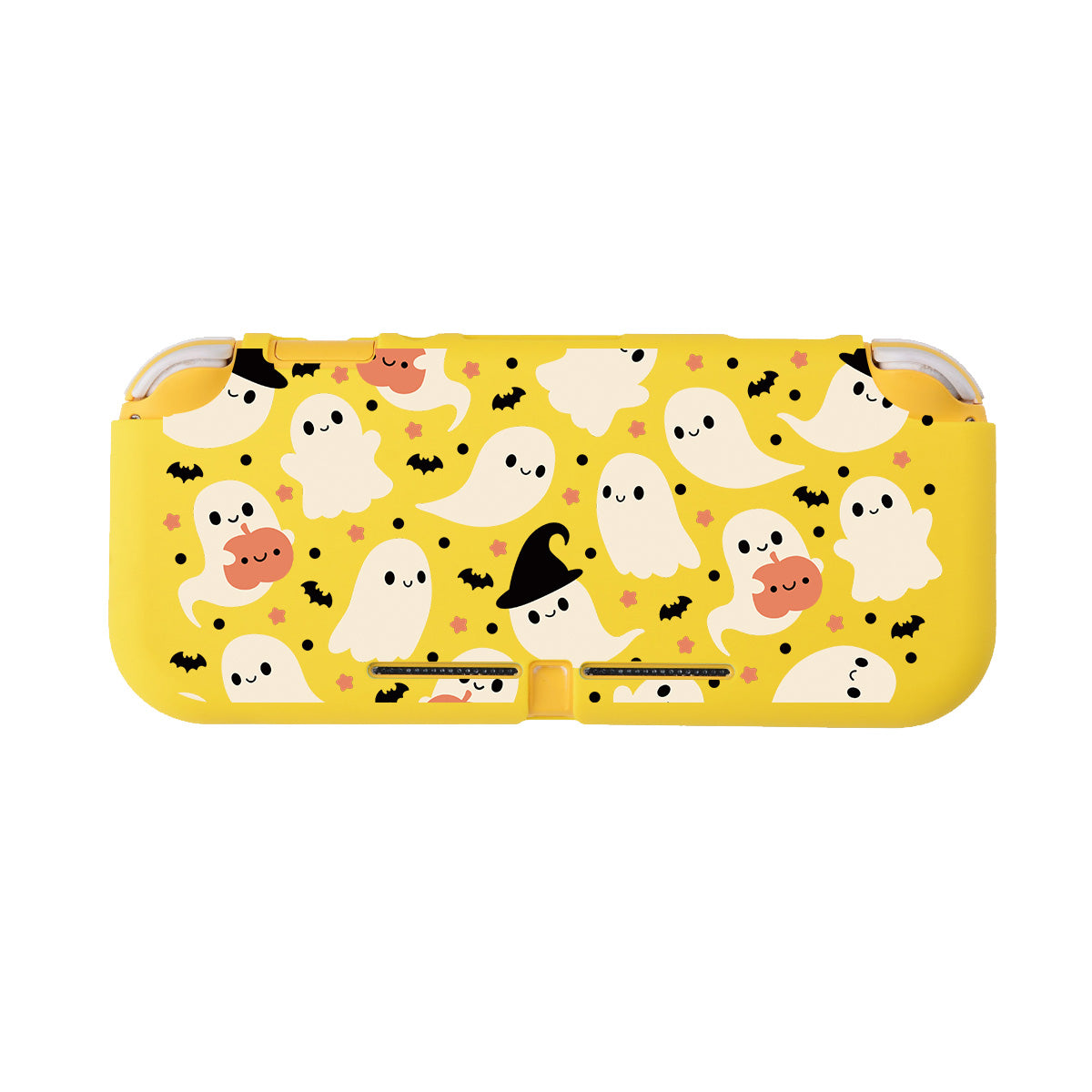 The Spooky Ghost LITE Case for Nintendo Switch by petimint is a yellow case with a playful Halloween-themed design featuring cute white ghosts, black bats, and small orange pumpkins—perfect for the cozygamer. One ghost is even wearing a black witch hat. Ideal for keeping your Nintendo Switch spookily stylish!