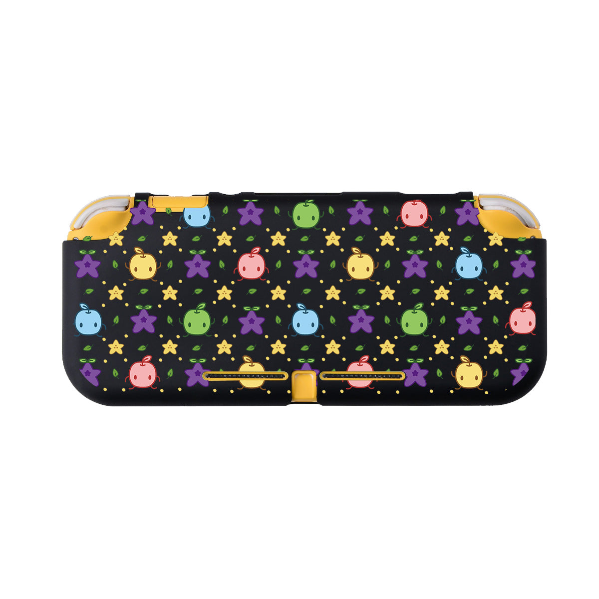 The Junimos LITE Case for Nintendo Switch by petimint is a black case adorned with a vibrant pattern featuring small, cartoonish characters and stars. The characters come in various colors such as pink, green, and blue, creating a lively and playful look that any gamer would adore.