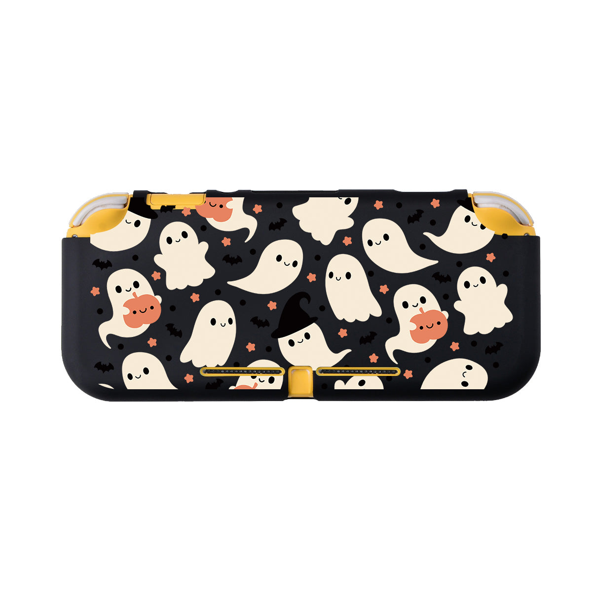 The Spooky Ghost LITE Case for Nintendo Switch by petimint showcases a playful Halloween design with cute white ghosts displaying various expressions, orange and black bats, and scattered small orange stars on a black background. Perfect for the cozygamer, the edges of the case are highlighted in bright yellow.