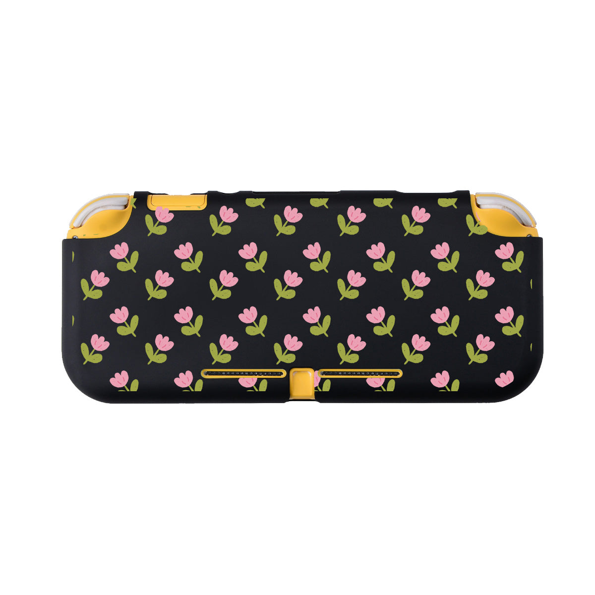 Introducing the Pink Tulips LITE Case for Nintendo Switch by petimint – a black protective case adorned with a pattern of small pink flowers and green leaves. Designed for the cozygamer, this stylish case features yellow accents and precise openings for buttons and ports.