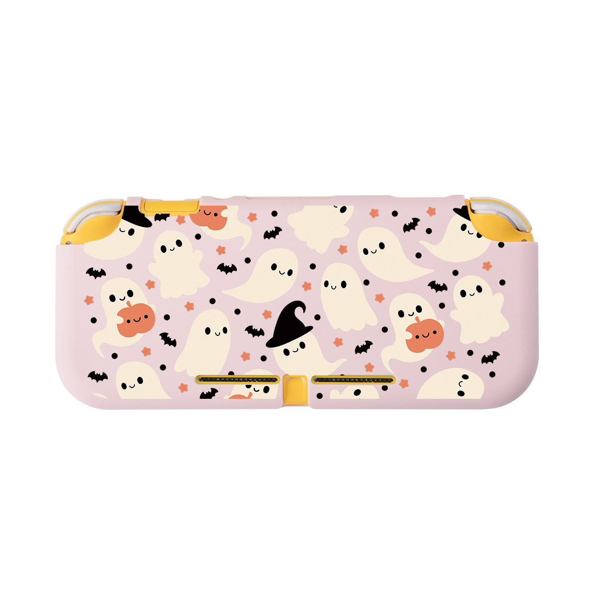 The Spooky Ghost LITE Case for Nintendo Switch by petimint is a cute pastel pink accessory perfect for the cozy gamer. It features ghost illustrations wearing witch hats, holding pumpkins, and accompanied by small black bats. The ghosts display various expressions, and the case has yellow accents on the ends.