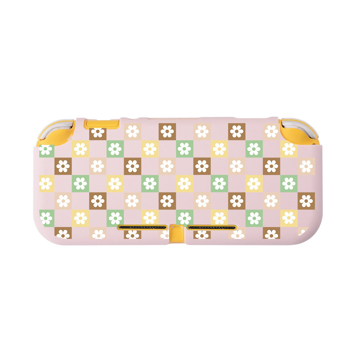 The petimint "Checkered Seasonal Flowers LITE Case for Nintendo Switch" is a protective case featuring a charming checkered pattern with white flowers and squares in green, yellow, and brown hues. The edges of the pink case add cozygamer vibes, and it includes precise openings for the console's controls and buttons.