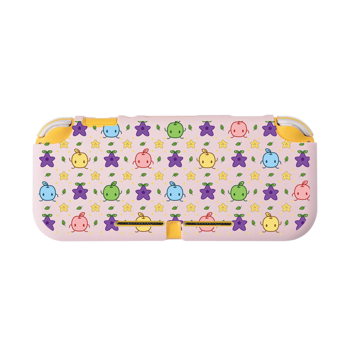 Introducing the Junimos LITE Case for Nintendo Switch from petimint—a rectangular, pink case adorned with a repeating pattern of small, cute creatures in red, blue, green, and yellow. Purple stars and yellow star shapes are interspersed throughout the design. Perfect for the cozygamer’s apparel collection, this case features two side openings and rounded edges.