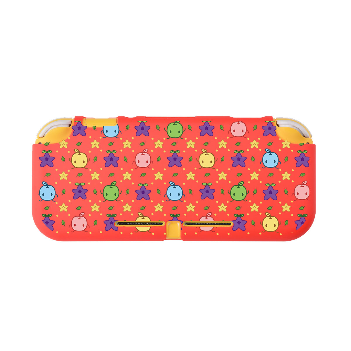 Introducing the Junimos LITE Case for Nintendo Switch by petimint: a rectangular red case adorned with a vibrant pattern of cheerful fruits and stars. The design showcases green apples, yellow pears, red cherries, purple grapes, and yellow stars evenly spread across the surface. Perfect for gamers or Nintendo Switch enthusiasts, the case is finished with stylish yellow zipper linings.