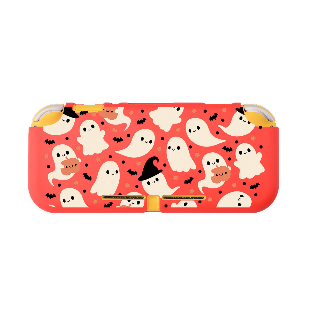 The Spooky Ghost LITE Case for Nintendo Switch by petimint features a vibrant red background adorned with whimsical white ghost illustrations, some sporting black witch hats, along with small black bats and yellow stars. The cheerful expressions on the ghosts contribute to a fun and spooky Halloween-themed design, making it an ideal choice for the cozygamer.