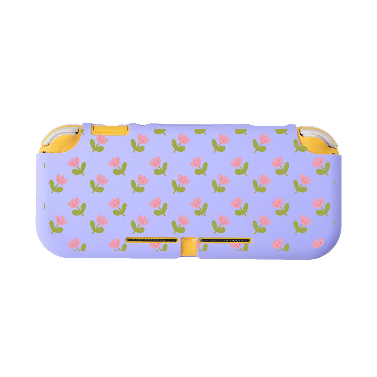 The Pink Tulips LITE Case for Nintendo Switch by petimint features a lilac background adorned with pink flowers and green leaves. Yellow accents around the edges and button openings make it perfect for any gamer looking to add a touch of style.