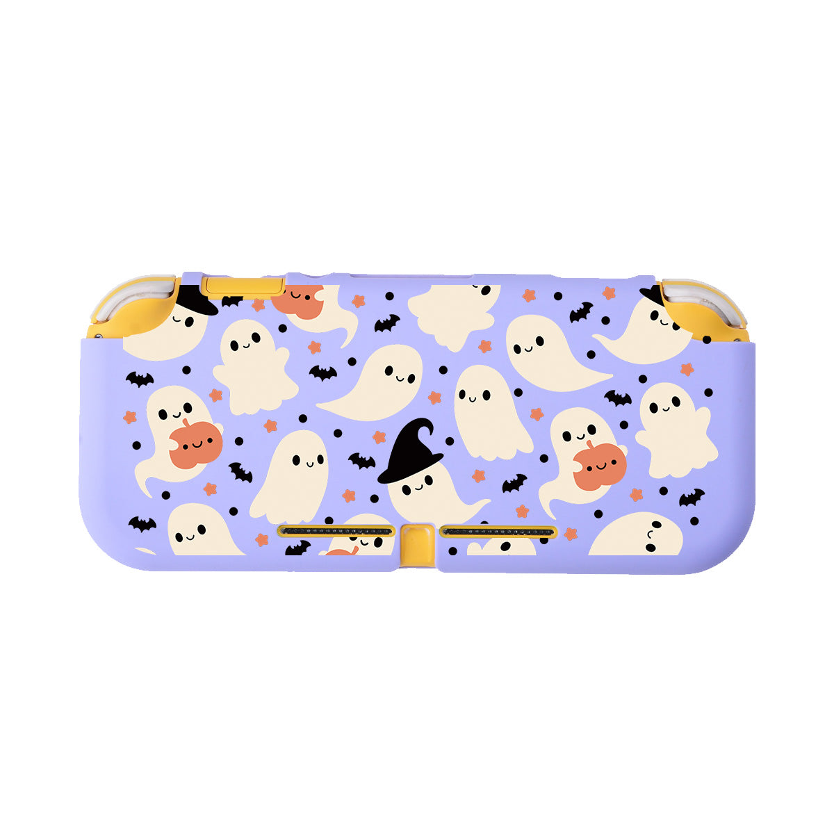 The Spooky Ghost LITE Case for Nintendo Switch by petimint is a purple case adorned with a charming Halloween design featuring white cartoon ghosts, some donning witch hats, along with delicate black bats and orange stars scattered throughout. Perfect for the cozysgamer, this playful case also features yellow accents on the sides.