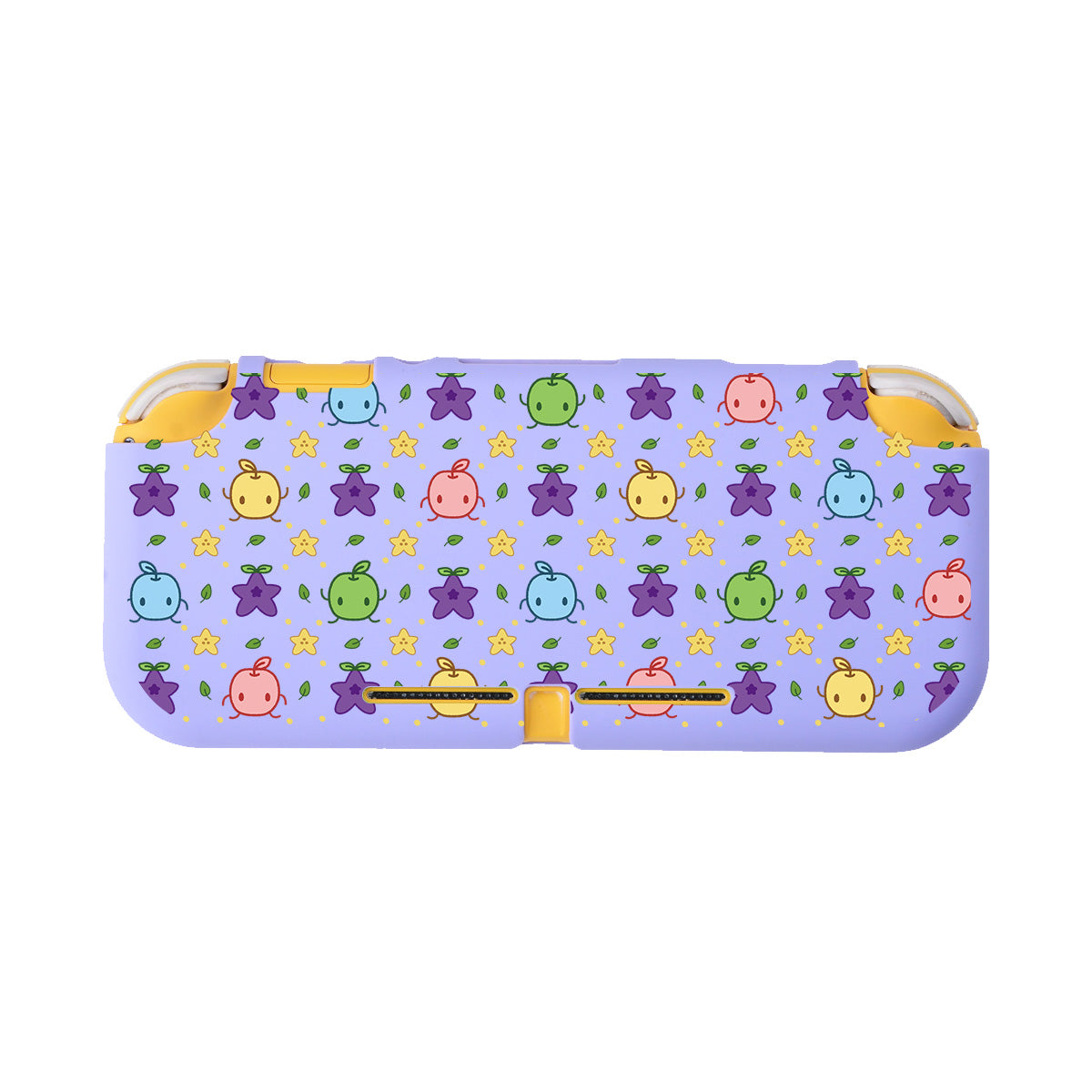 The Junimos LITE Case for Nintendo Switch by petimint features a pastel purple hue adorned with a charming repeating pattern of colorful cartoon characters, including pink, green, blue, and yellow creatures, along with purple stars and small yellow dots. Perfect for the cozygamer, the case has precise openings for buttons and joysticks that reveal stylish yellow accents.