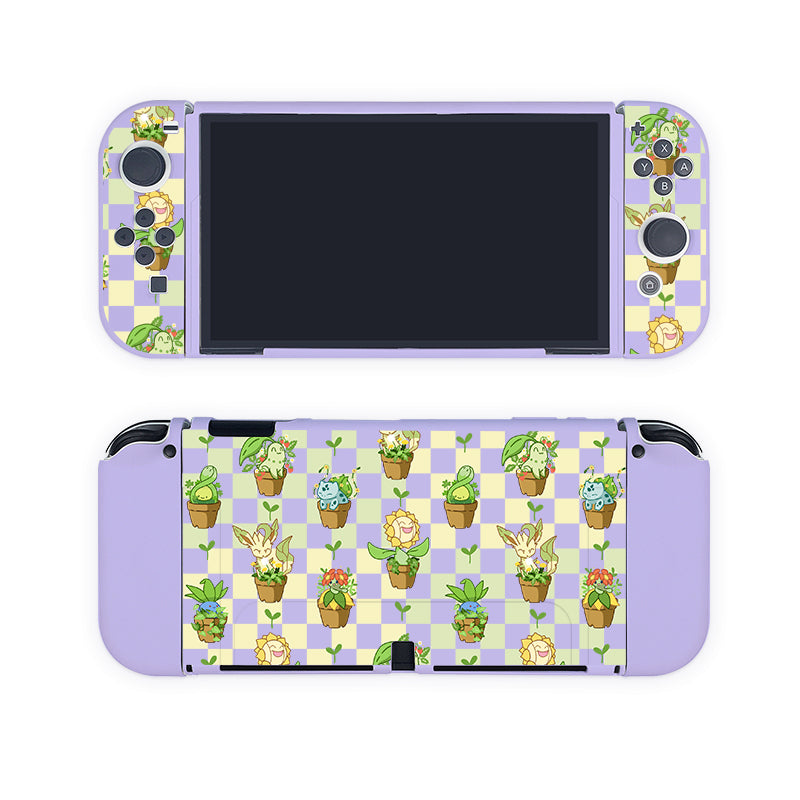 The Pokepots Case for Nintendo Switch by petimint features a decorative skin with small illustrations of various potted plants and Pokémon characters arranged in a colorful, checkered pattern. Perfect for any cozygamer's setup, the background comprises pastel purple and yellow squares, making it as stylish as your favorite apparel.