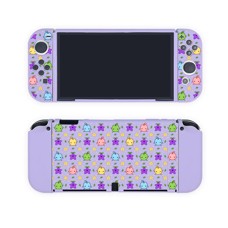 A purple Junimos Case for the Nintendo Switch by petimint, decorated with vibrant star and cloud stickers. The front view highlights the screen and controls, while the back is embellished with playful stickers of stars and clouds in blue, green, pink, and yellow—perfect for any passionate gamer.