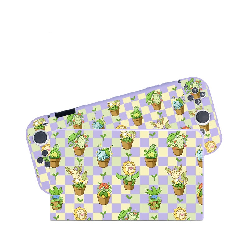 The Pokepots Case for Nintendo Switch by petimint features a pastel checkered background adorned with charming plant-themed creatures in small pots, making it ideal for gaming enthusiasts. The design showcases a delightful mix of green and yellow hues, with the creatures cutely arranged in a repetitive grid pattern.