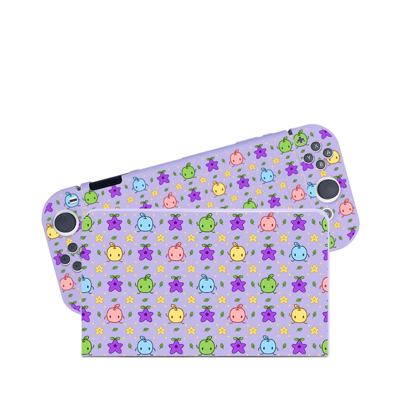 The Junimos Case for Nintendo Switch by petimint boasts a vibrant, eye-catching design featuring various pastel-colored cartoon star and flower characters on a light purple background. The pink, blue, green, and yellow characters contribute to a playful vibe that is ideal for any cozygamer.