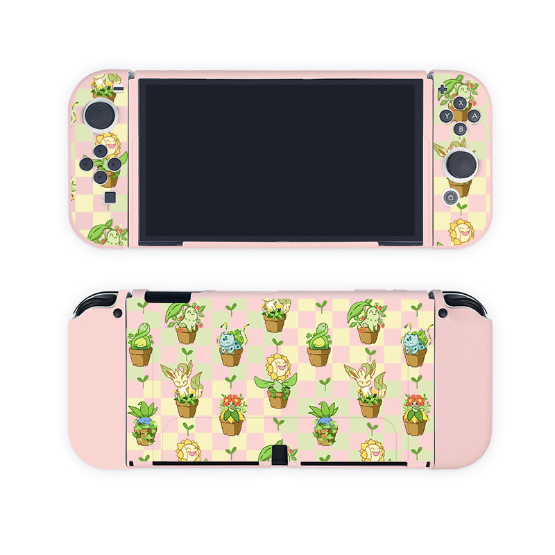 The Pokepots Case for Nintendo Switch by petimint features a handheld gaming console adorned with a stunning pink and green floral-themed design, complete with various small potted plant illustrations set against a checkered background. The included detachable controllers also showcase the same unique pattern—making it perfect for any gamer who loves distinctive designs.