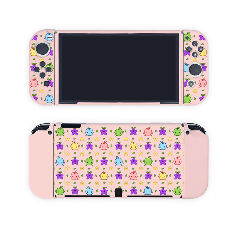 The Junimos Case for Nintendo Switch by petimint is a handheld gaming console skin with a pastel-colored design featuring an array of small, cute, cartoon animals. The skin includes various animals in multiple colors like pink, green, blue, and purple, covering both the front and back of the Nintendo Switch—perfect for the cozygamer.