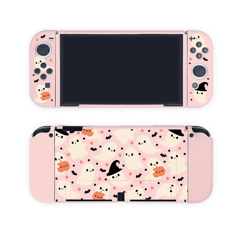 Introducing the Spooky Ghost Case for Nintendo Switch by petimint—a pink case adorned with cute ghost, bat, pumpkin, and star patterns. Some ghosts and pumpkins wear little witch hats. The overall theme is Halloween with a whimsical, pastel design—making it a perfect fit for any cozygamer.