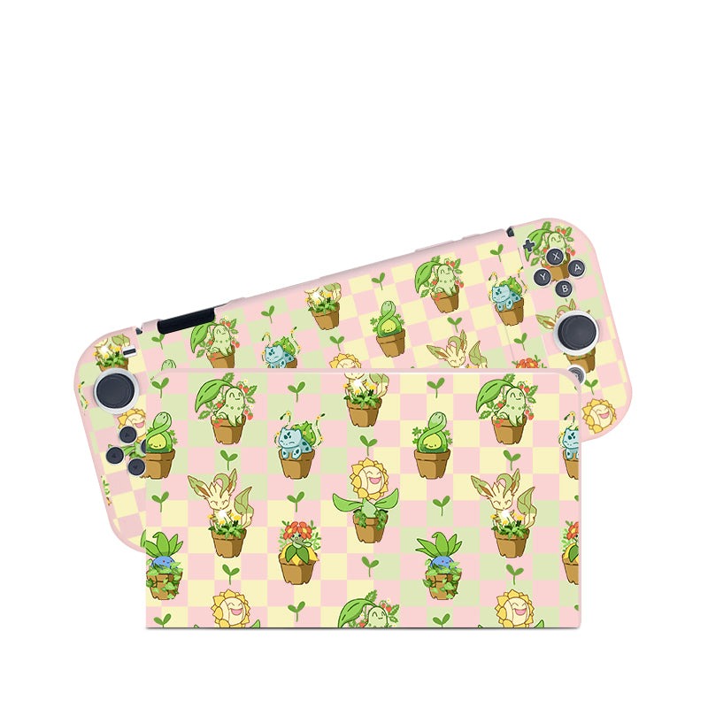 A cozygamer's dream, the Pokepots Case for Nintendo Switch by petimint features a pastel pink and yellow checkered design adorned with cute illustrations of various creatures and plants in small pots. The image showcases both the front and back of this charming gaming console case.