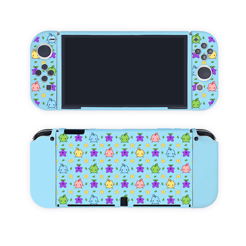 A light blue handheld gaming console adorned with vibrant illustrations of cute, small creatures like fish and stars in various colors decorates both the front and back, making it perfect for a CozysGamer. This petimint Junimos Case for Nintendo Switch features a blank screen.