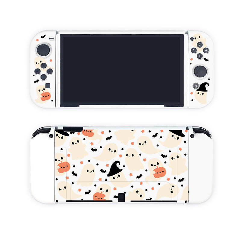 The Spooky Ghost Case for Nintendo Switch by petimint, in a white color, features detachable controllers and is adorned with an adorable Halloween-themed design. This cozygamer accessory showcases white ghosts, orange pumpkins, black bats, and witch hats against a white background.